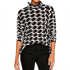 NIC+ZOE Opposites Attract Black White Jacquard Mock Neck Sweater SIZE L